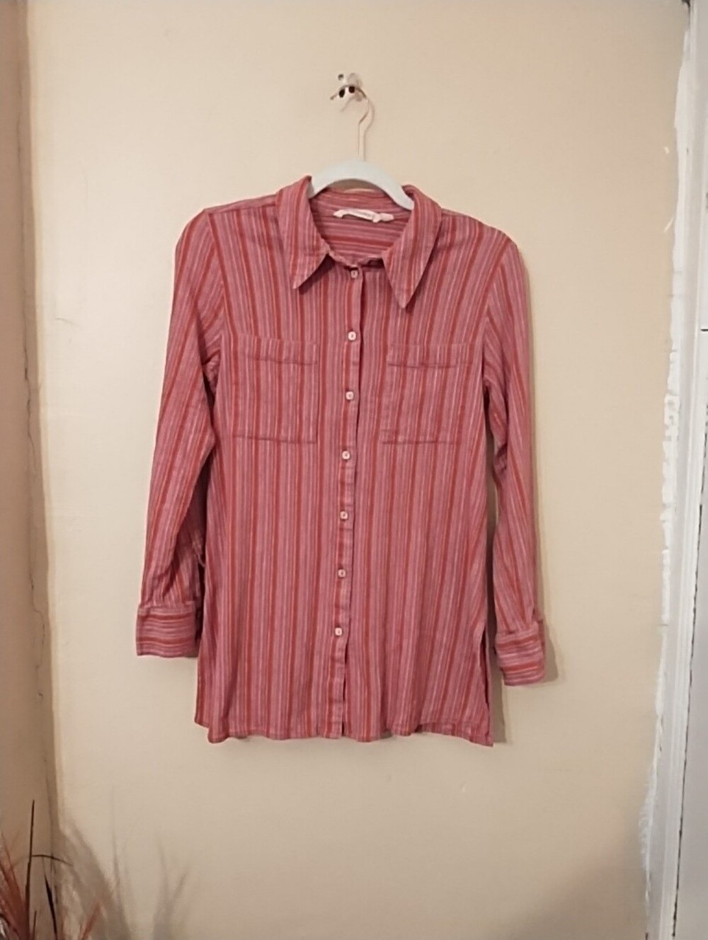Soft Surroundings Womens Red Striped 100% Cotton Button Up Shirt Small 2EJ11